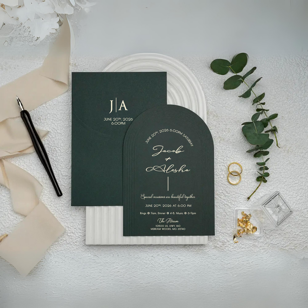 Gold Foil Printed Green Wedding Invitation - Modern Green Invitation Design - IS-025