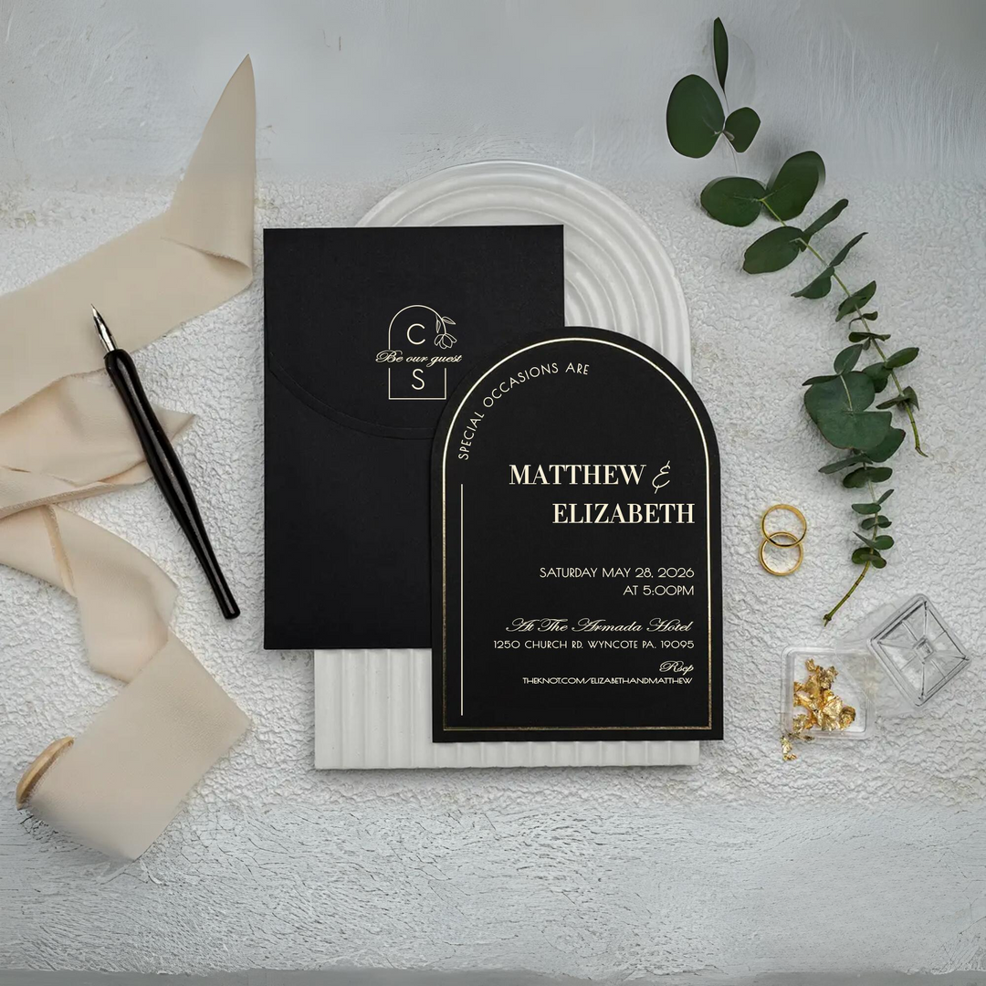 Gold Foil Printed Black Wedding Invitation - Stylish Black Invitation Design - A Stunning Combination of Black and Gold-IS-026