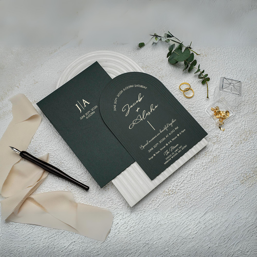 Gold Foil Printed Green Wedding Invitation - Modern Green Invitation Design - IS-025