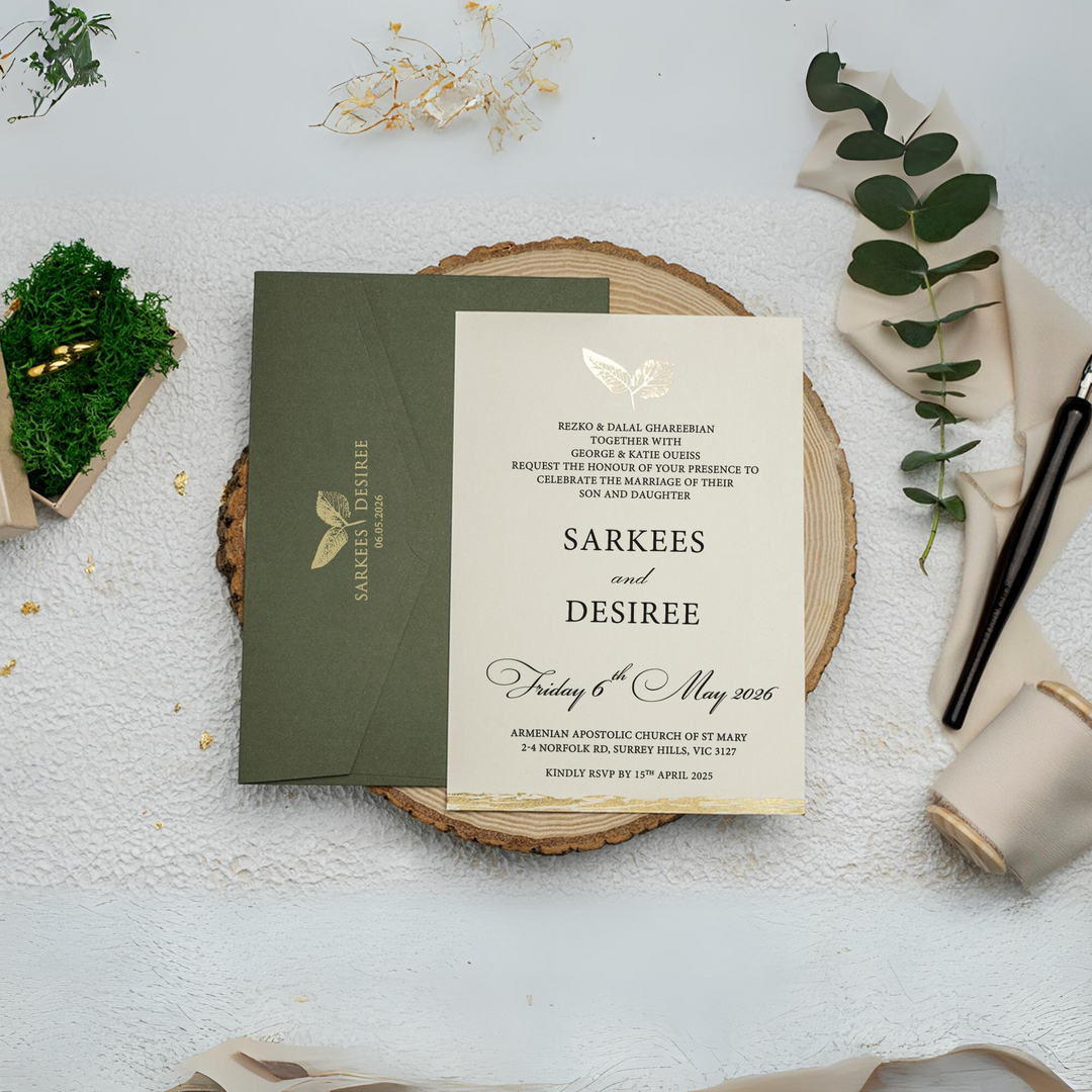 Gold Flower and Ribbon Detailed Cream Wedding Invitation - Accompanied by a Foil-Stamped Green Envelope - Perfect Harmony 🌟-IS-038