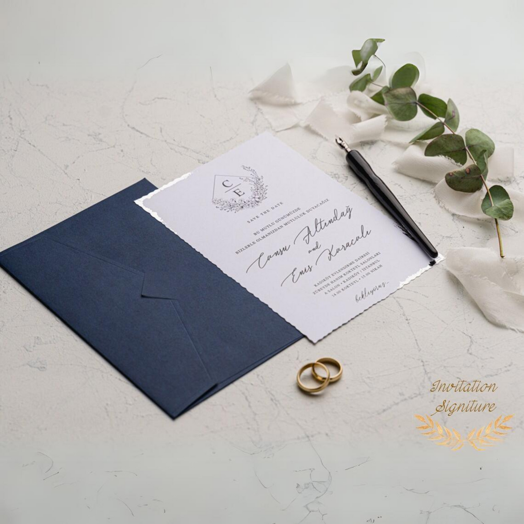 Wedding Invitation - Set Royal Blue - Silver Foil Deckle Edge Invitations with Wax Seal - Blue Envelope - Modern Wedding Invitation - IS-001