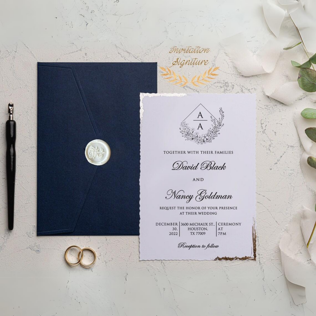 Wedding Invitation - Set Royal Blue - Silver Foil Deckle Edge Invitations with Wax Seal - Blue Envelope - Modern Wedding Invitation - IS-001