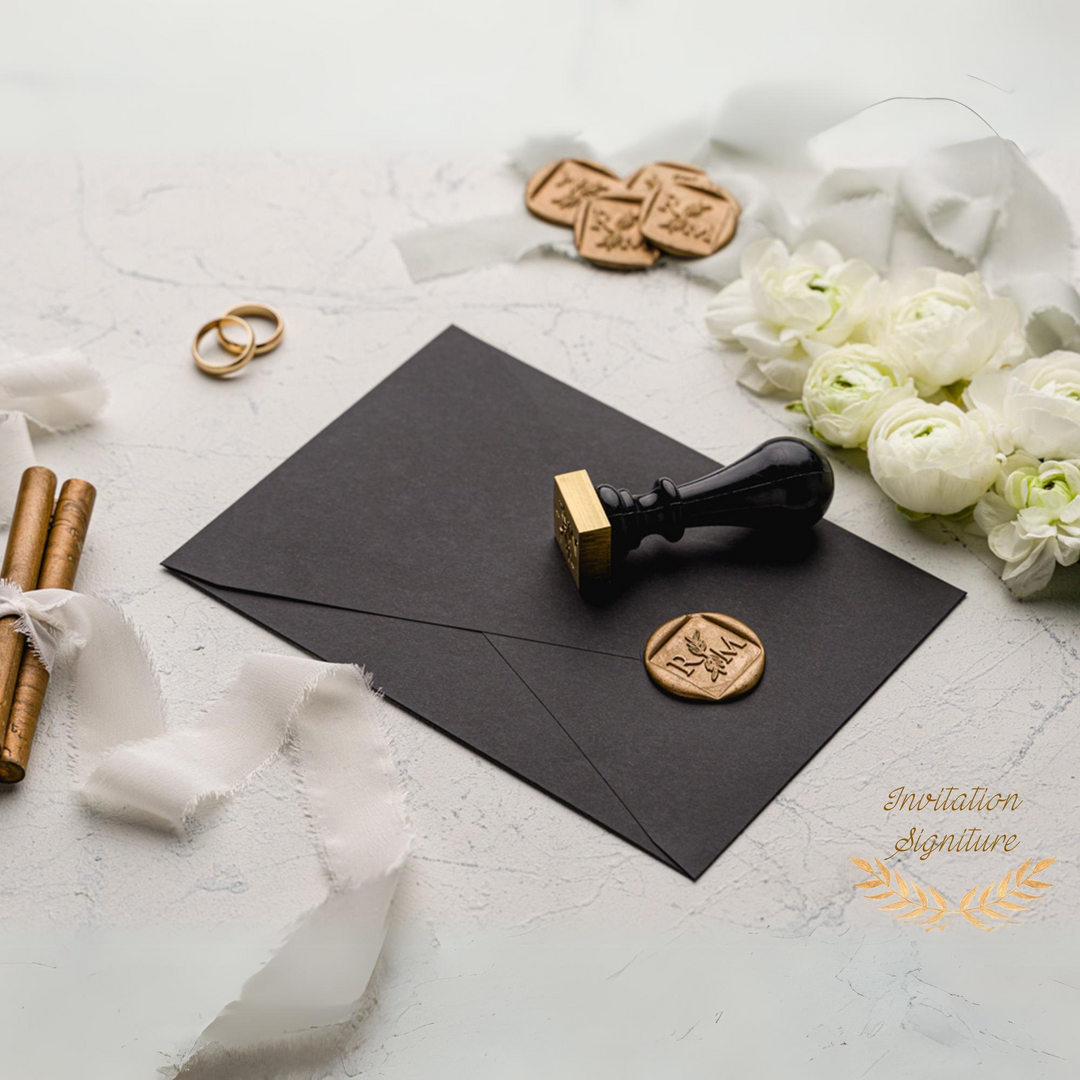 Elegant Wedding Invitation Set -  Gold Foil Deckle Edge Invitations with Wax Seal - Minimalist Black Envelope - Wedding Invitation gigi - IS-006