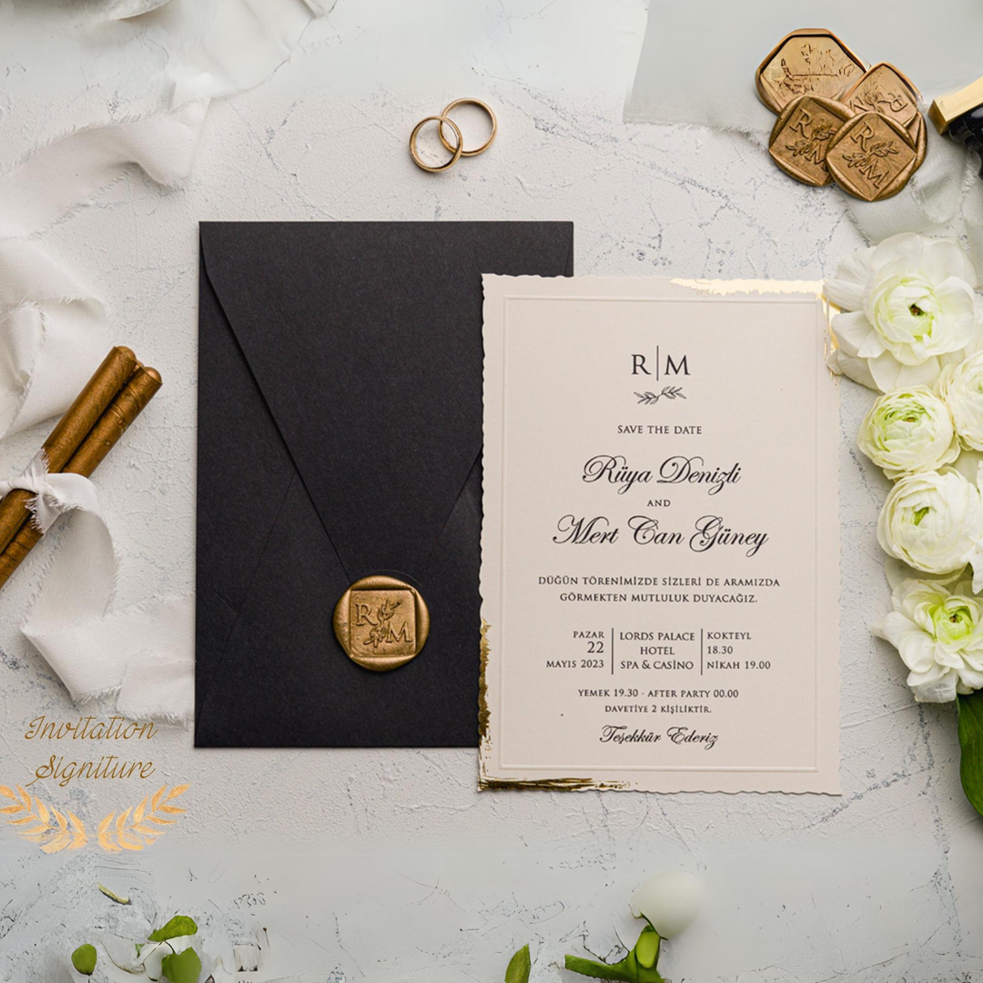 Elegant Wedding Invitation Set -  Gold Foil Deckle Edge Invitations with Wax Seal - Minimalist Black Envelope - Wedding Invitation gigi - IS-006