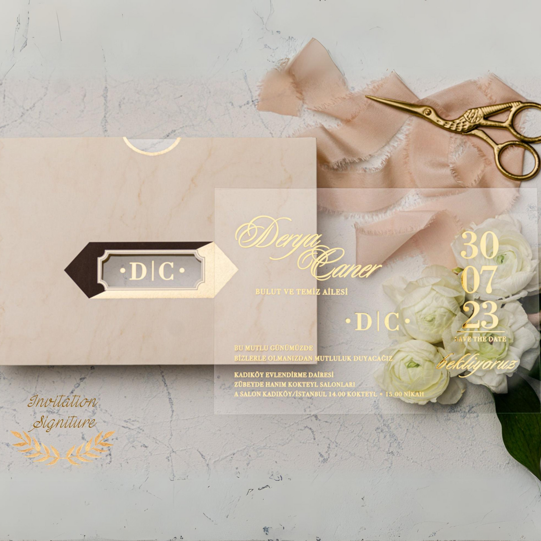 Wedding Invitation with minimalist design,  Acrylic Gold Invitations, Uniqe design, Gold foil, Clear Acrylic Invitation, with Envelope - IS-014
