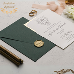 Load image into Gallery viewer, Elegant Wedding Invitation Set - Gold Foil Deckle Edge Invitations with Wax Seal - Minimalist Green Envelope - Modern Wedding Invitation - IS-007
