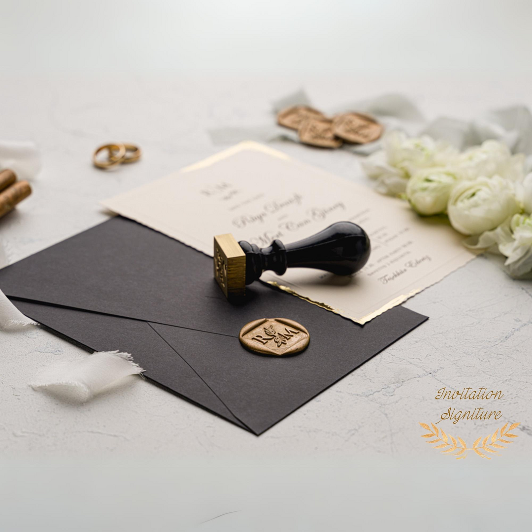 Elegant Wedding Invitation Set -  Gold Foil Deckle Edge Invitations with Wax Seal - Minimalist Black Envelope - Wedding Invitation gigi - IS-006