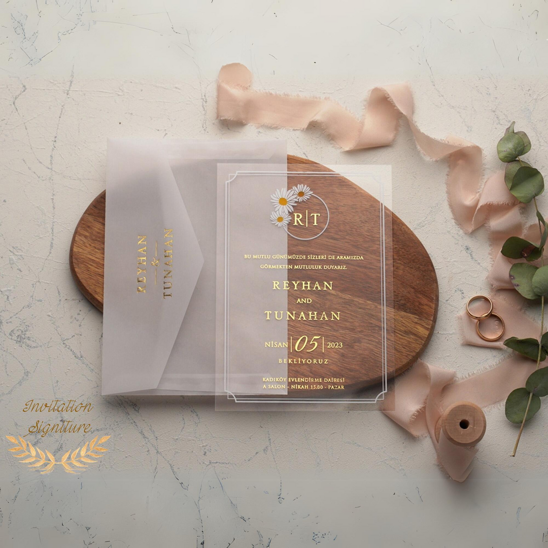 Summer Wedding Invitation Clear Acrylic Card Floral Daisy Minimalist Marriage Invite with Envelope and Wax Stamp Personalized Invitation - IS-009