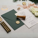 Load image into Gallery viewer, Elegant Wedding Invitation Set - Gold Foil Deckle Edge Invitations with Wax Seal - Minimalist Green Envelope - Modern Wedding Invitation - IS-007
