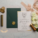 Load image into Gallery viewer, Elegant Wedding Invitation Set - Gold Foil Deckle Edge Invitations with Wax Seal - Minimalist Green Envelope - Modern Wedding Invitation - IS-007
