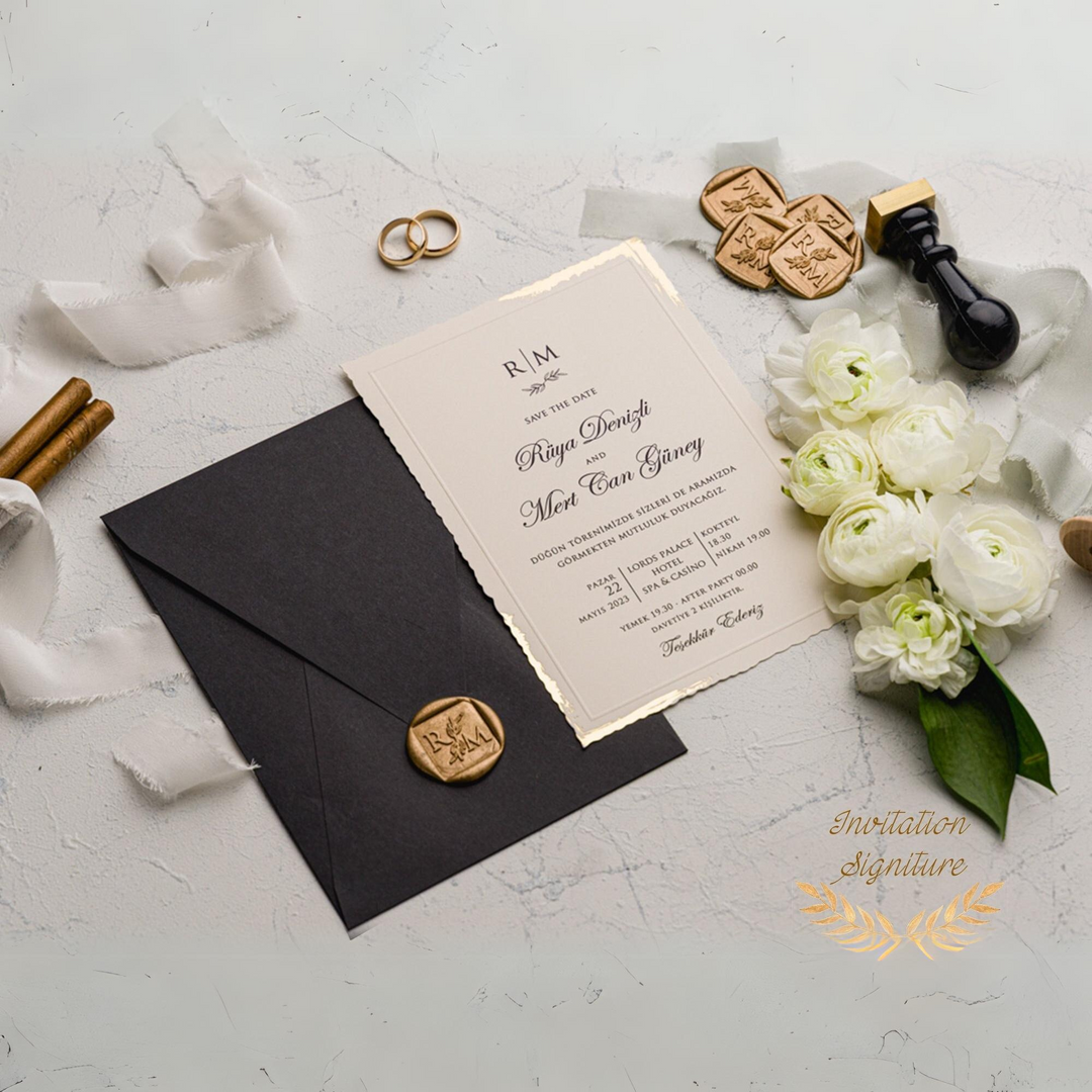 Elegant Wedding Invitation Set -  Gold Foil Deckle Edge Invitations with Wax Seal - Minimalist Black Envelope - Wedding Invitation gigi - IS-006
