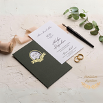 Load image into Gallery viewer, Wedding Invitation Set White and Black, Gold Foil Wedding invitation set - Minimalist Green Pocket Envelope - Modern Wedding Invitation RSVP - IS-010
