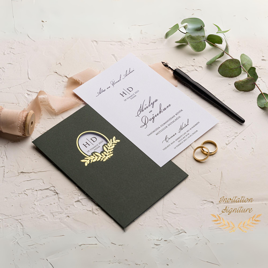 Wedding Invitation Set White and Black, Gold Foil Wedding invitation set - Minimalist Green Pocket Envelope - Modern Wedding Invitation RSVP - IS-010