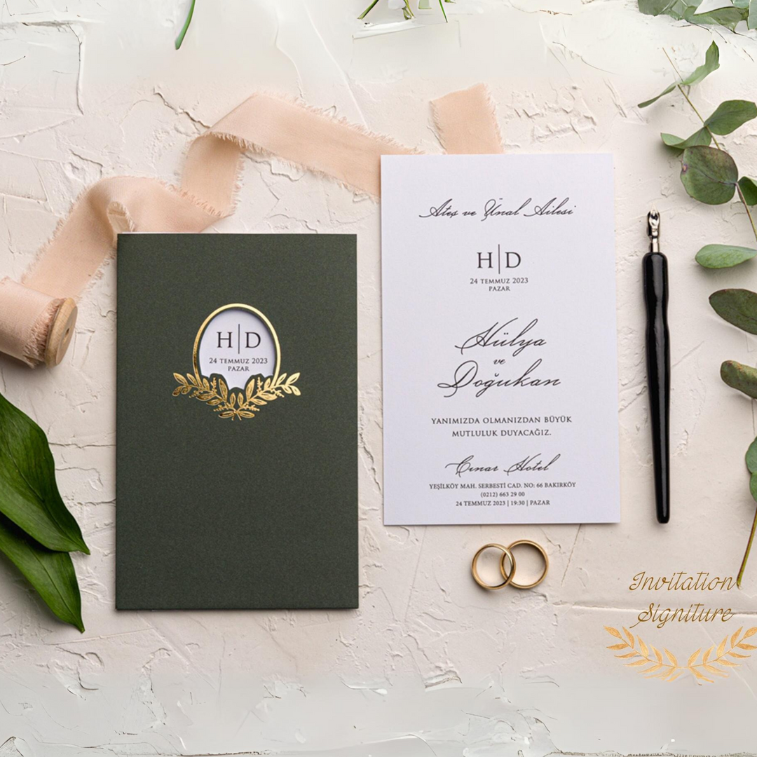 Wedding Invitation Set White and Black, Gold Foil Wedding invitation set - Minimalist Green Pocket Envelope - Modern Wedding Invitation RSVP - IS-010