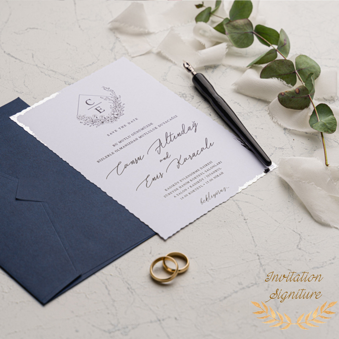 Wedding Invite Set, Silver Foil Invitation, Deckle Edge Paper, Modern Card With Minimal Royal Blue Envelope And Sliver Deckle With Wax Seal - IS-001