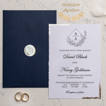Load image into Gallery viewer, Wedding Invite Set, Silver Foil Invitation, Deckle Edge Paper, Modern Card With Minimal Royal Blue Envelope And Sliver Deckle With Wax Seal - IS-001
