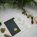 Load image into Gallery viewer, Paper Printed Wedding Invitation with Gold Foil Detail -  Gold Foil Deckle Edge Invitations with Wax Seal - Minimalist GreenEnvelope - IS-007
