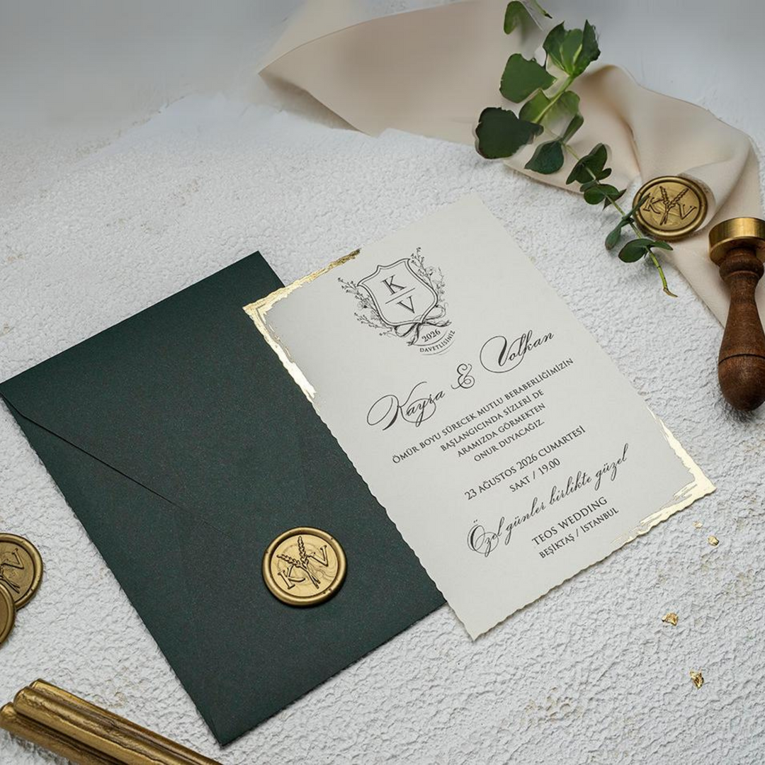 Paper Printed Wedding Invitation with Gold Foil Detail -  Gold Foil Deckle Edge Invitations with Wax Seal - Minimalist GreenEnvelope - IS-007