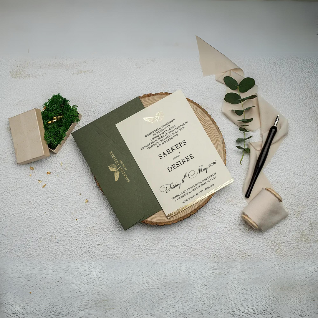 Gold Flower and Ribbon Detailed Cream Wedding Invitation - Accompanied by a Foil-Stamped Green Envelope - Perfect Harmony 🌟-IS-038