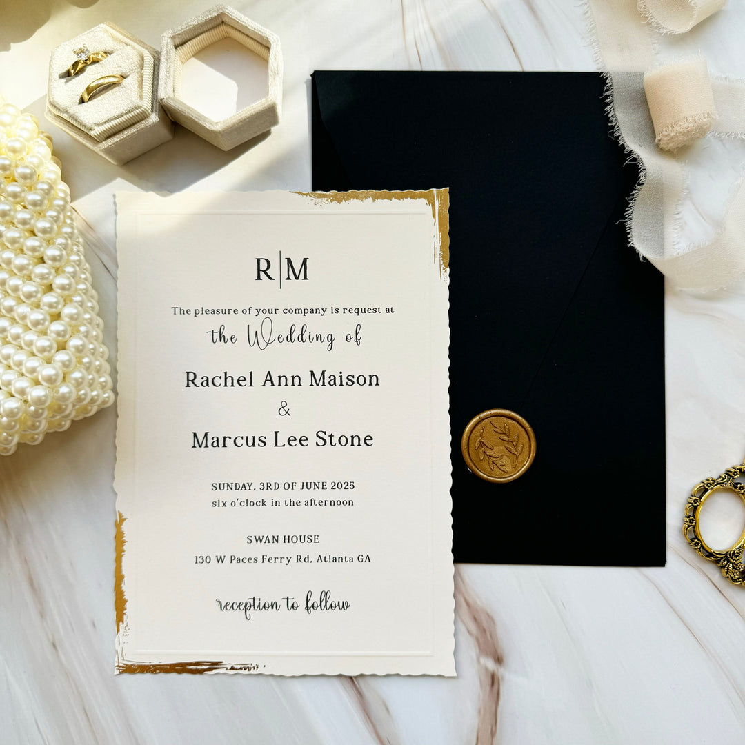 Wedding invitations with gold foil wavy edge - Paper wedding invitation card set - Black envelope minimalist design - Custom wax seal - IS-006