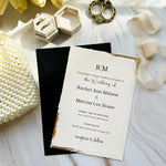 Load image into Gallery viewer, Wedding invitations with gold foil wavy edge - Paper wedding invitation card set - Black envelope minimalist design - Custom wax seal - IS-006
