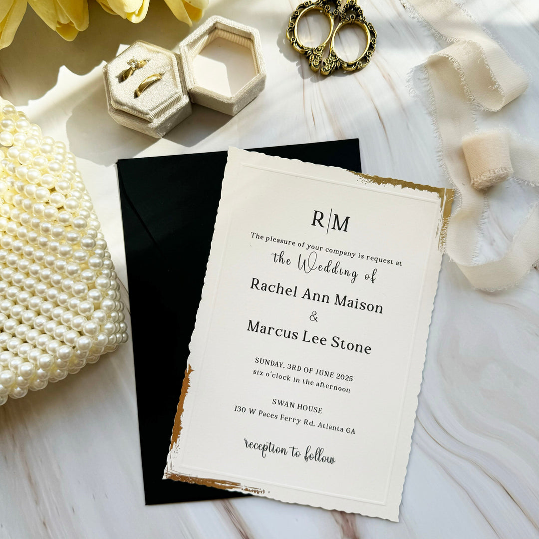 Wedding invitations with gold foil wavy edge - Paper wedding invitation card set - Black envelope minimalist design - Custom wax seal - IS-006