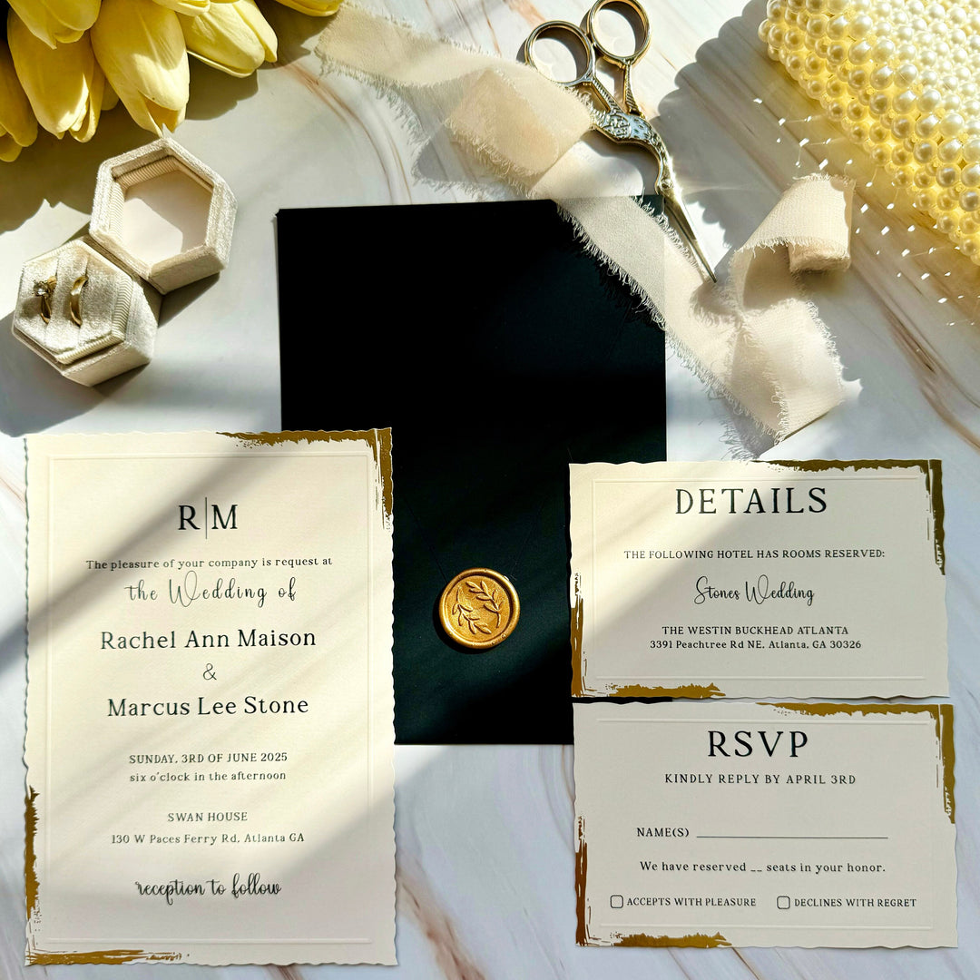 Wedding invitations with gold foil wavy edge - Paper wedding invitation card set - Black envelope minimalist design - Custom wax seal - IS-006