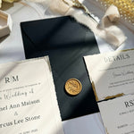 Load image into Gallery viewer, Wedding invitations with gold foil wavy edge - Paper wedding invitation card set - Black envelope minimalist design - Custom wax seal - IS-006
