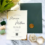 Load image into Gallery viewer, Wedding ivory invitation card set with green envelope  - Green envelope minimalist design with gold wavy edge - Custom wax seal - IS-007

