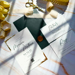 Load image into Gallery viewer, Wedding ivory invitation card set with green envelope  - Green envelope minimalist design with gold wavy edge - Custom wax seal - IS-007
