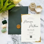 Load image into Gallery viewer, Wedding ivory invitation card set with green envelope  - Green envelope minimalist design with gold wavy edge - Custom wax seal - IS-007
