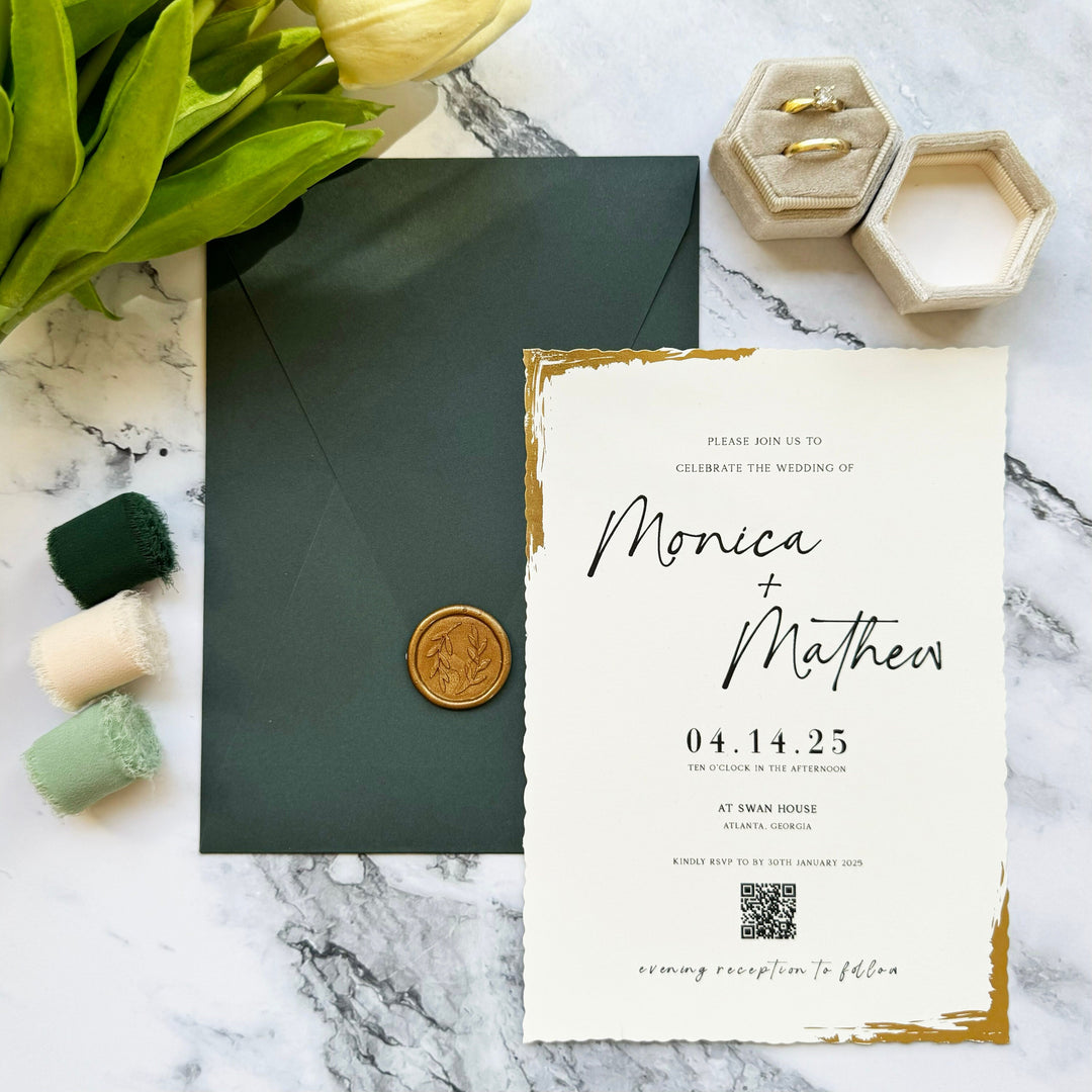 Wedding ivory invitation card set with green envelope  - Green envelope minimalist design with gold wavy edge - Custom wax seal - IS-007